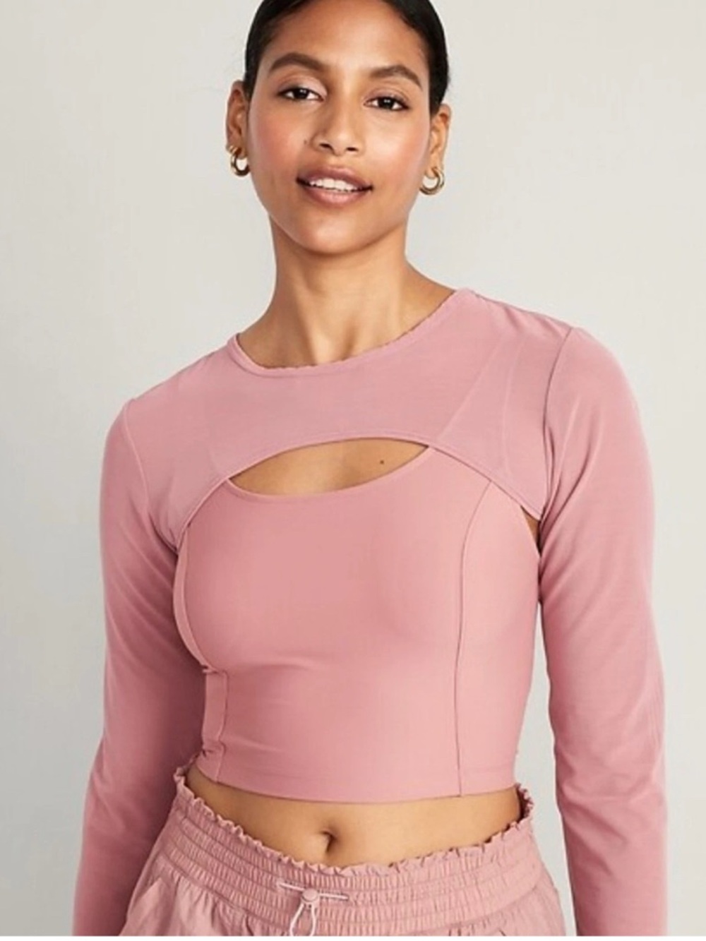 BUNDLE-Cutout Long-Sleeve Crop Top (green, pink, white)